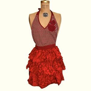 Simply Envogue Red and White Frilled and beaded pinafore kitchen apron